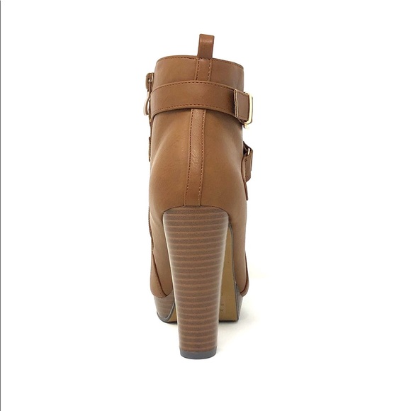 Cognac Tan Vegan Leather Buckle Ankle Boots - Picture 10 of 12